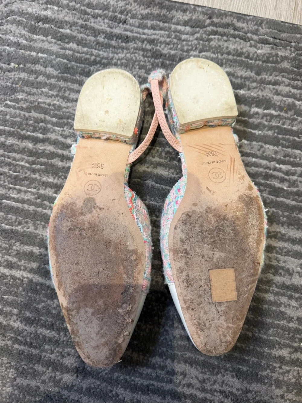 CHANEL Multicolor Tweed Slingback Flats with White Patent Toe
